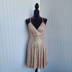 D&M Dress Beige Sequin Sleeveless Spaghetti Straps Wrap V-Neck Back Zip Size M